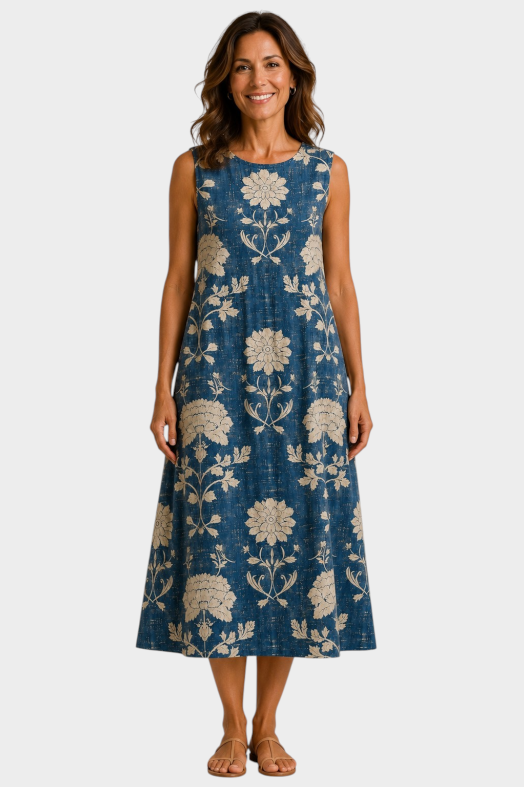 Victoria Boutique bohemian midi dress in blue with a beige floral print, featuring a sleeveless relaxed silhouette.