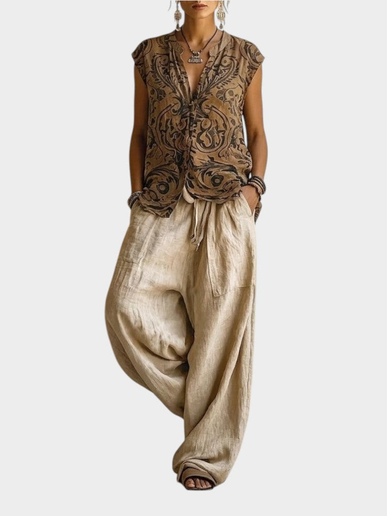 Victoria Boutique 3-piece linen-cotton set featuring a brown baroque-print sleeveless top and beige wide-leg trousers.
