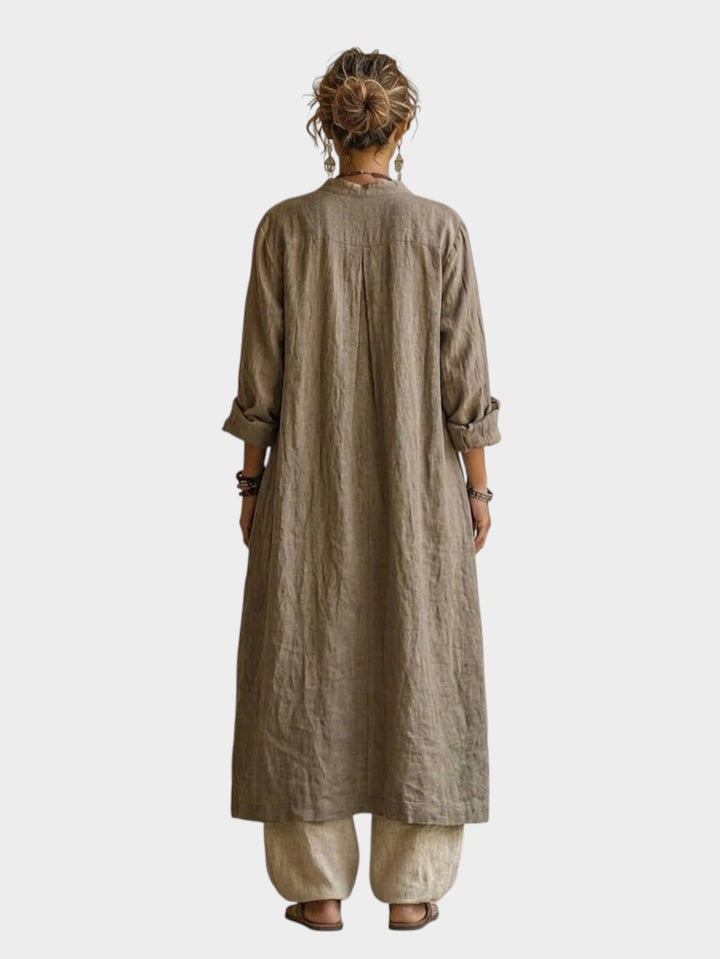 Victoria Boutique Sophia 3-piece linen-cotton set featuring a long duster coat and wide-leg trousers in neutral tones