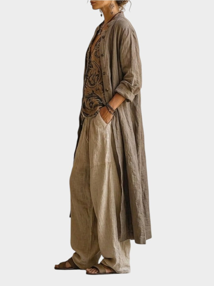 Victoria Boutique Sophia 3-piece linen-cotton set with baroque-print top, wide-leg trousers, and long duster coat.