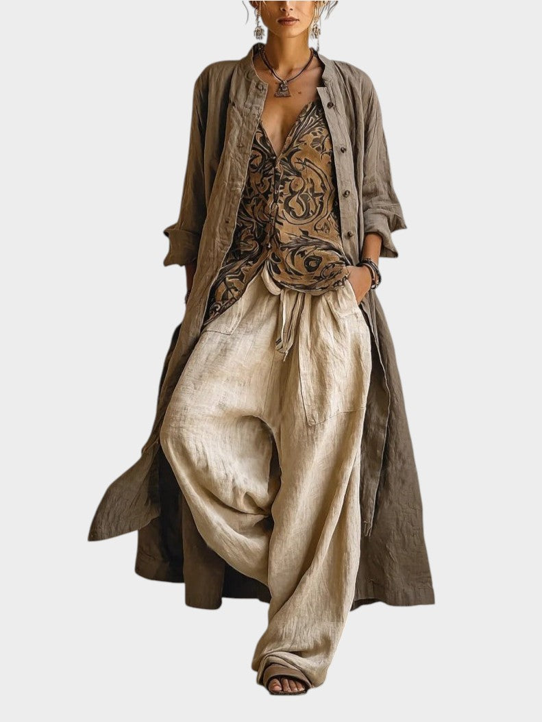 Victoria Boutique 3-piece linen-cotton set featuring a baroque-print top, wide-leg trousers, and a long duster coat.