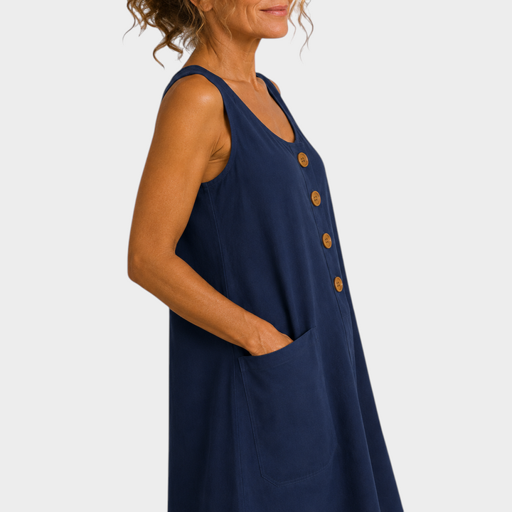 Victoria Boutique navy blue cotton linen summer dress with U-neckline, decorative buttons, and side pockets