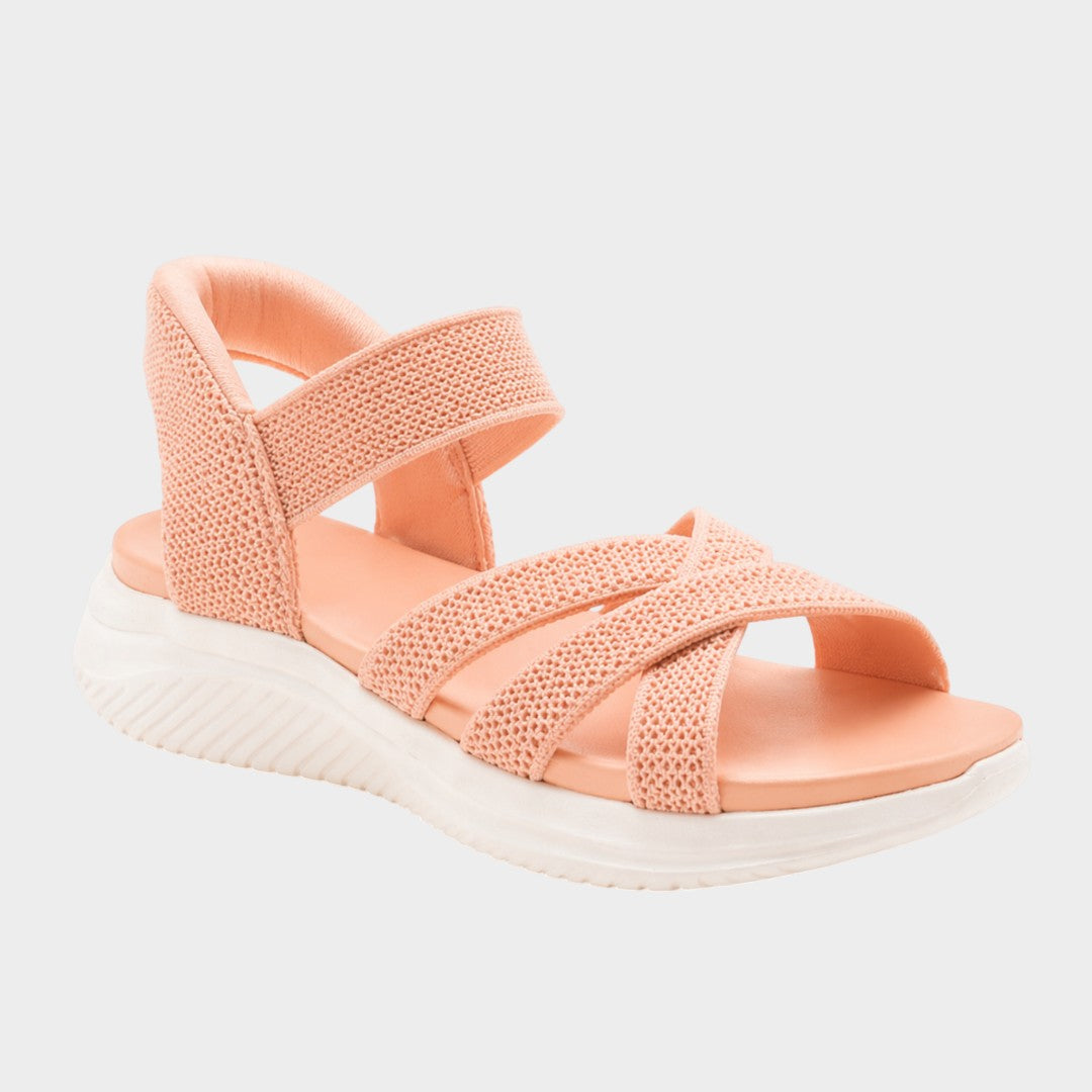 Victoria Boutique peach ultra flex knit sandals with crossover straps, elastic ankle band, and white platform sole.