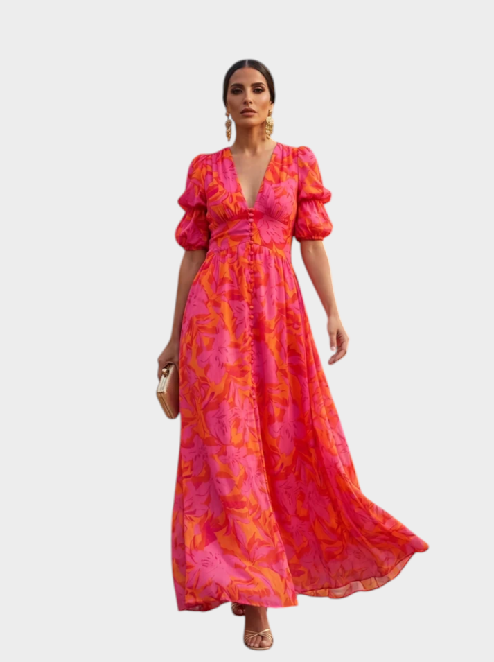 Victoria Boutique floral maxi dress in pink and coral with puff sleeves and a button-down front in a garden setting.