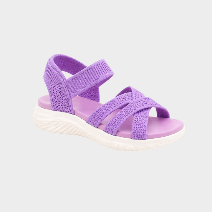 Victoria Boutique purple Ultra Flex knit sandals with crossover straps, elastic ankle strap, and white platform sole.
