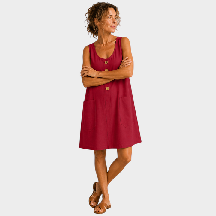 Victoria Boutique Riley cotton linen summer dress in deep red with U-neckline, decorative buttons, and side pockets.